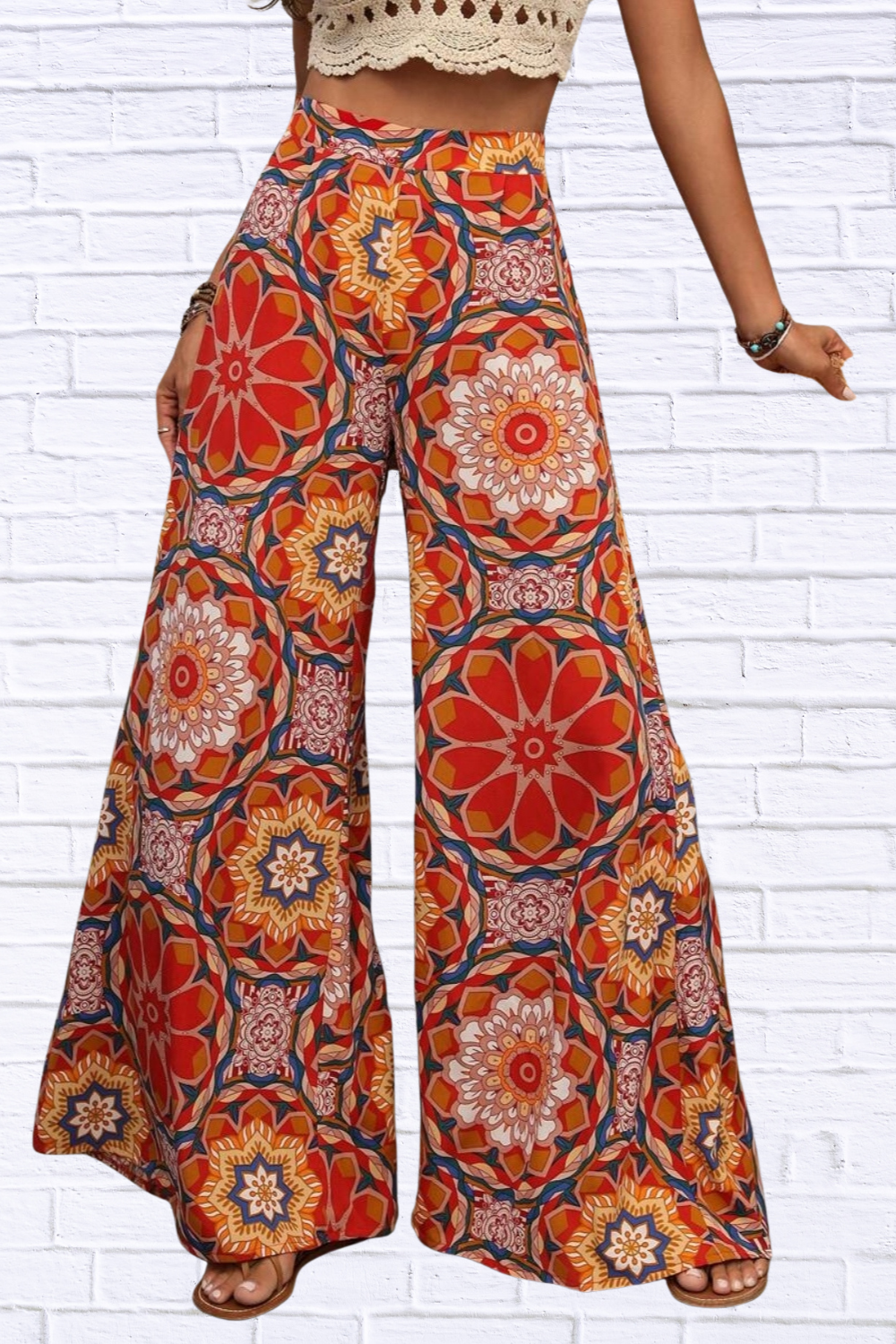 Printed Wide Leg Pants Orange-Red L