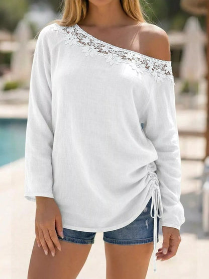 Lace Trim One Shoulder Ruched Top