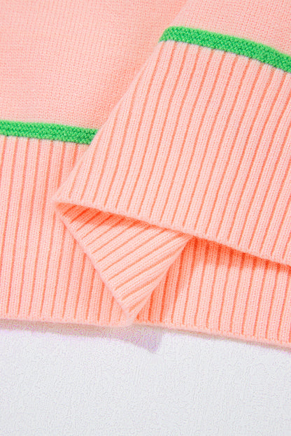 Pink Colorblock Striped Half Sleeve Drop Shoulder Sweater