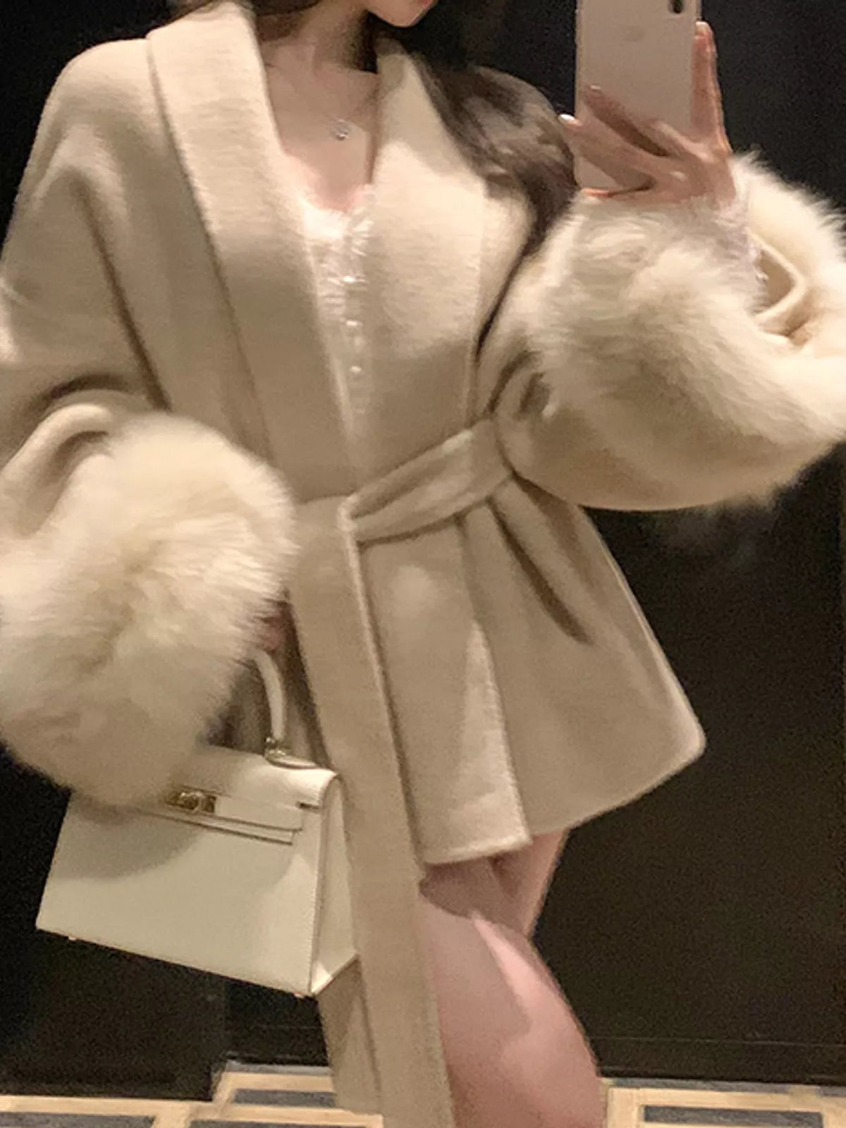 Waist Tie Outerwear with Faux Fur Cuffs