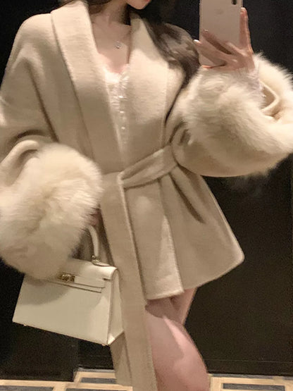 Waist Tie Outerwear with Faux Fur Cuffs