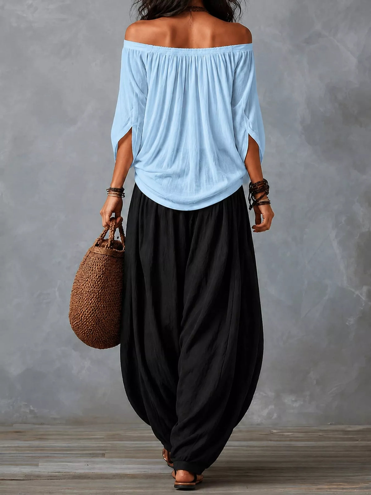 Full Size Off-Shoulder Top and Wide-Leg Harem Pants Set Plus Size