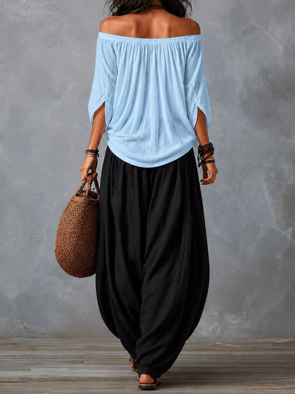 Full Size Off-Shoulder Top and Wide-Leg Harem Pants Set Plus Size