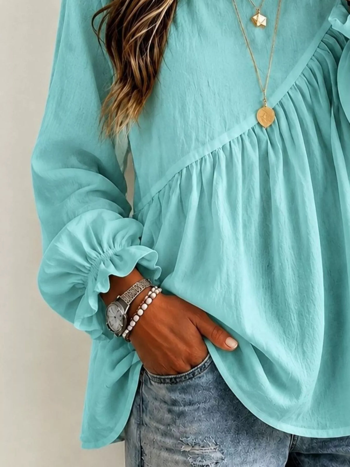 Long Sleeve Blouse with Asymmetric Pleated Detail
