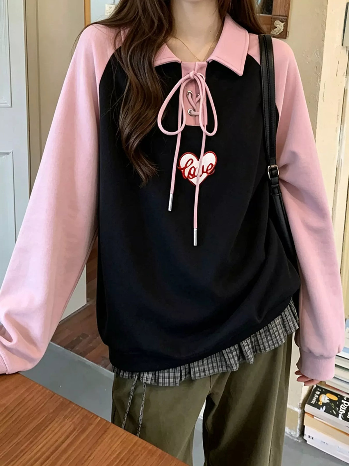 Heart Embroidery Lace-Up Detail Polo Collar Sweatshirt