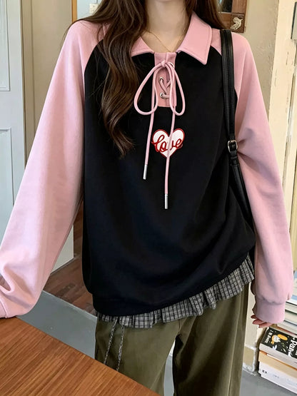 Heart Embroidery Lace-Up Detail Polo Collar Sweatshirt