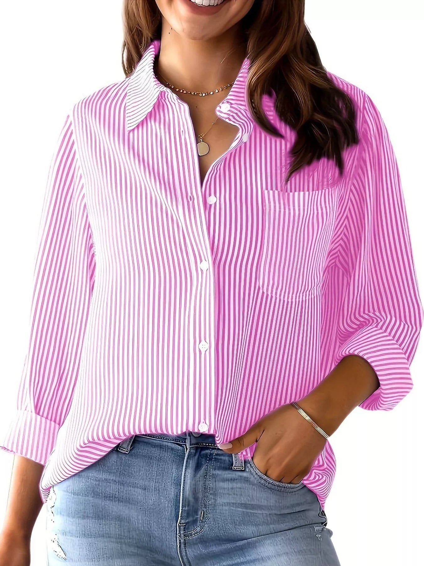 Full Size Striped Button-Down Long Sleeve Shirt Plus Size