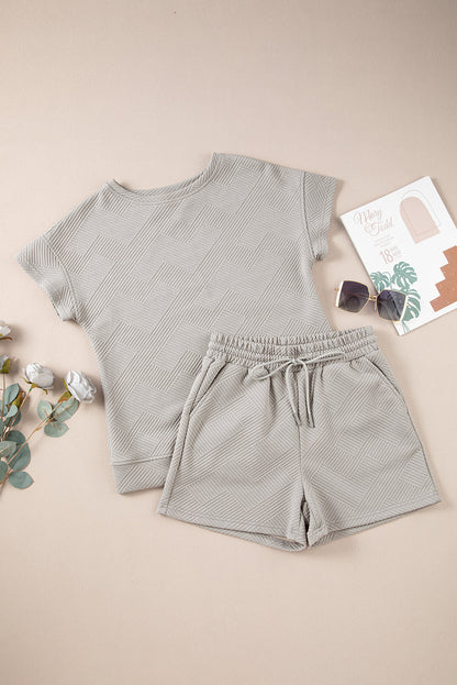 Gray Solid Color Textured Loose Top Casual Two Piece Short Set
