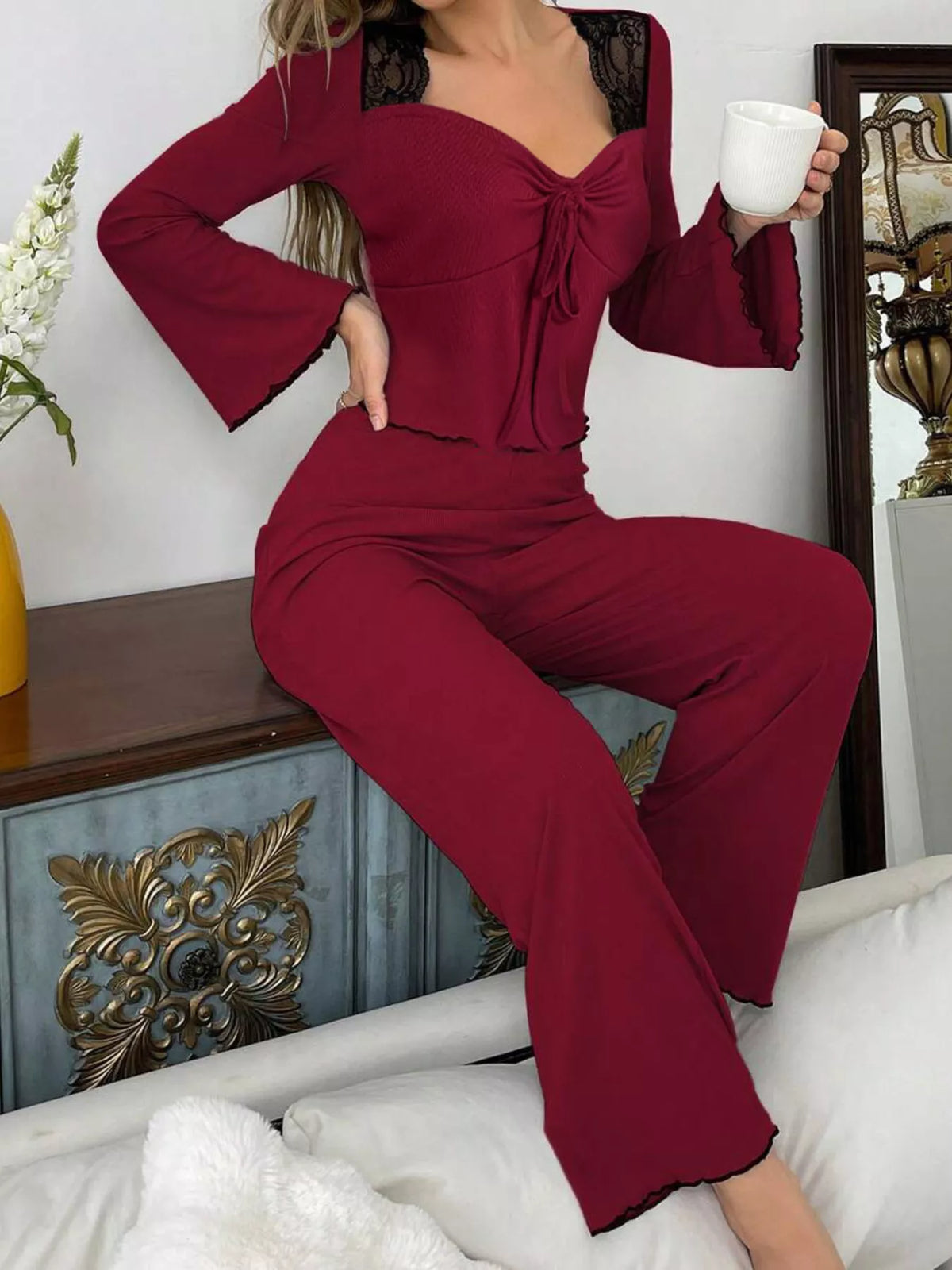 Lace Detail Flare Sleeves Top and Pants Lounge Set