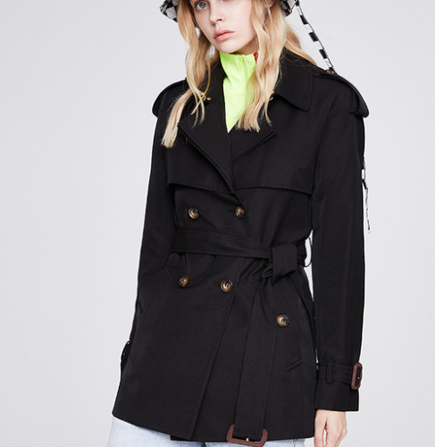Double Breasted Short Trench Coat Black
