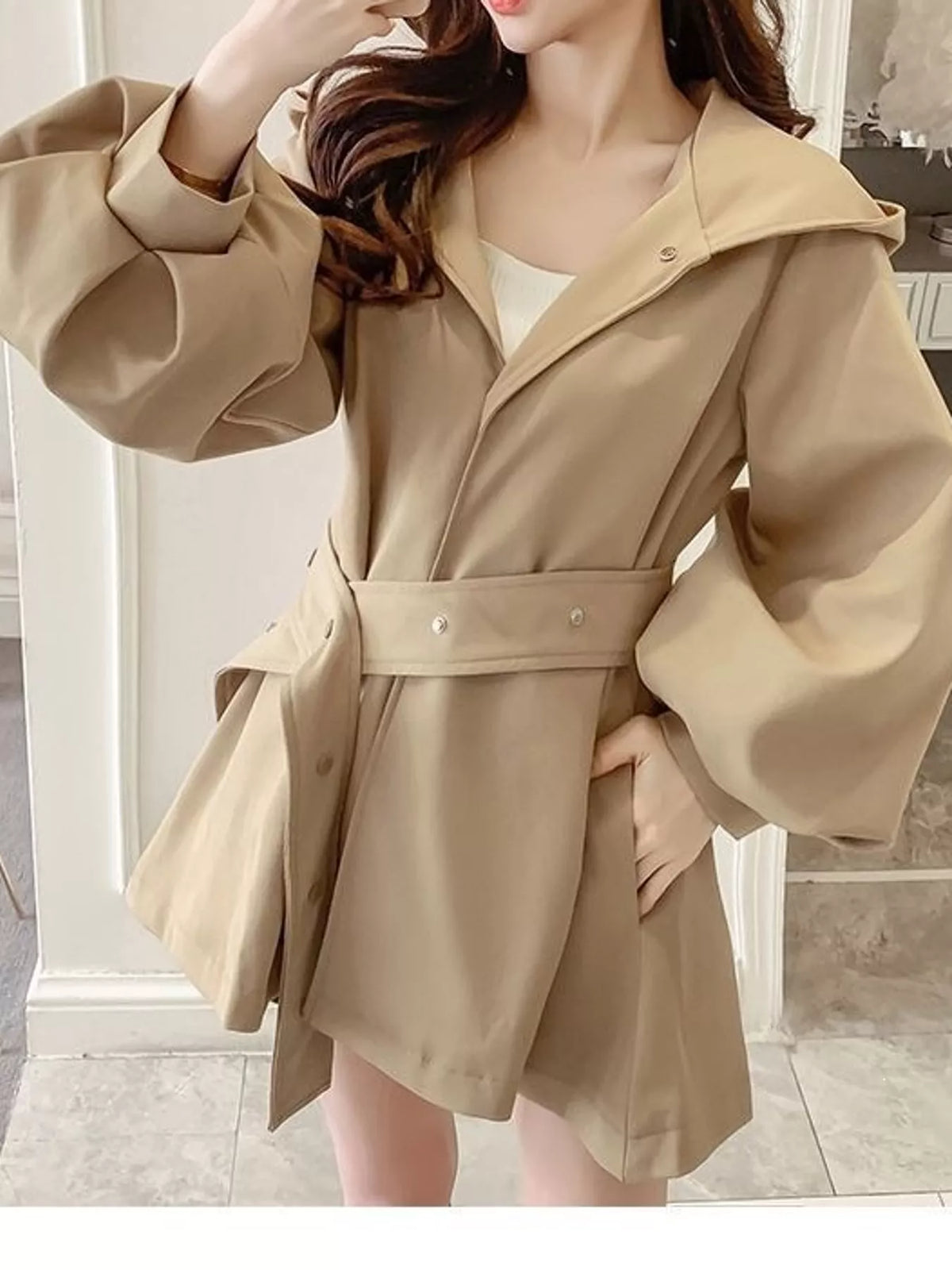 Lantern Sleeve Hooded Outerwear with Belted Waist