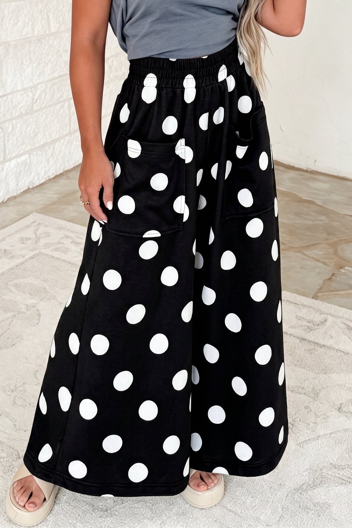 Sail Blue Polka Dot Wide Leg Elastic Waist Casual Pants