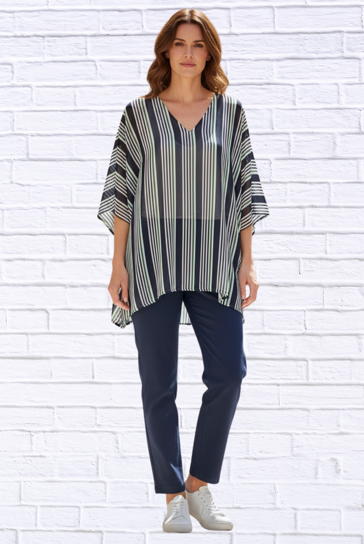 Striped Chiffon V-Neck Kaftan Top – Flowing Sheer Oversized Blouse for Women