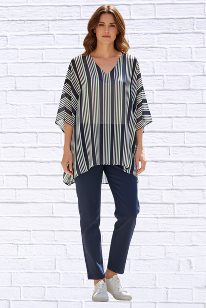 Striped Chiffon V-Neck Kaftan Top – Flowing Sheer Oversized Blouse for Women