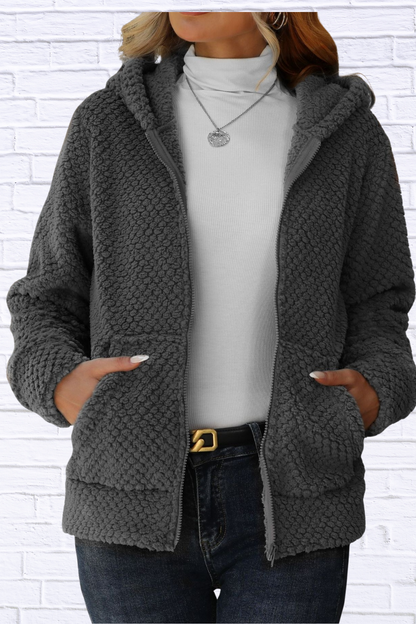 Textured Knit Zip-Up Hooded Outerwear Dark Gray