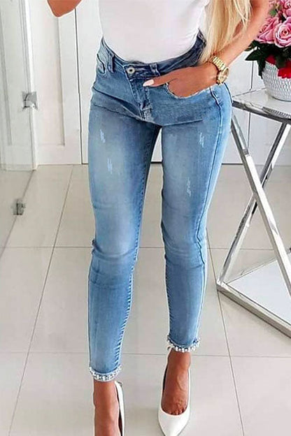 Bow Knot Pearl Beaded Pencil Denim Pants