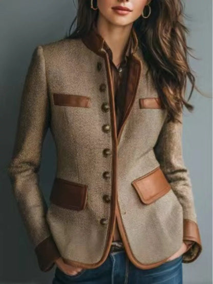 Plus Size Contrast Trim Tweed Jacket for Women