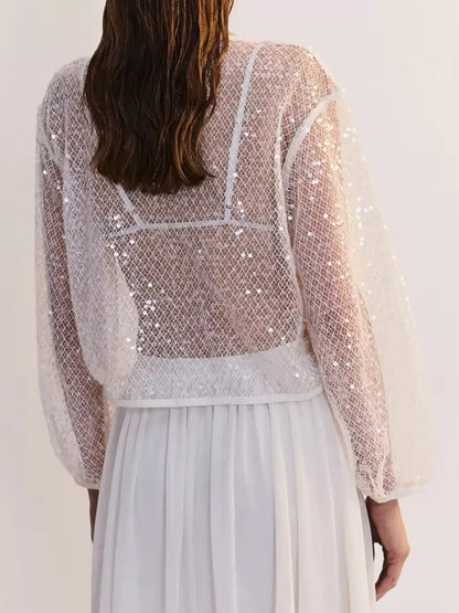 Sheer Sequin Embellished Mesh Beach Cover Up Top