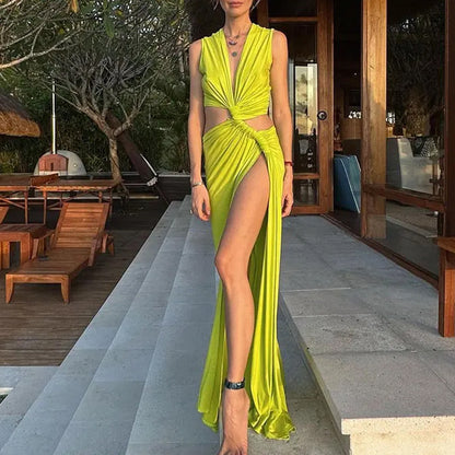 V-Neck Cut-Out Split Maxi Dress Lemon S