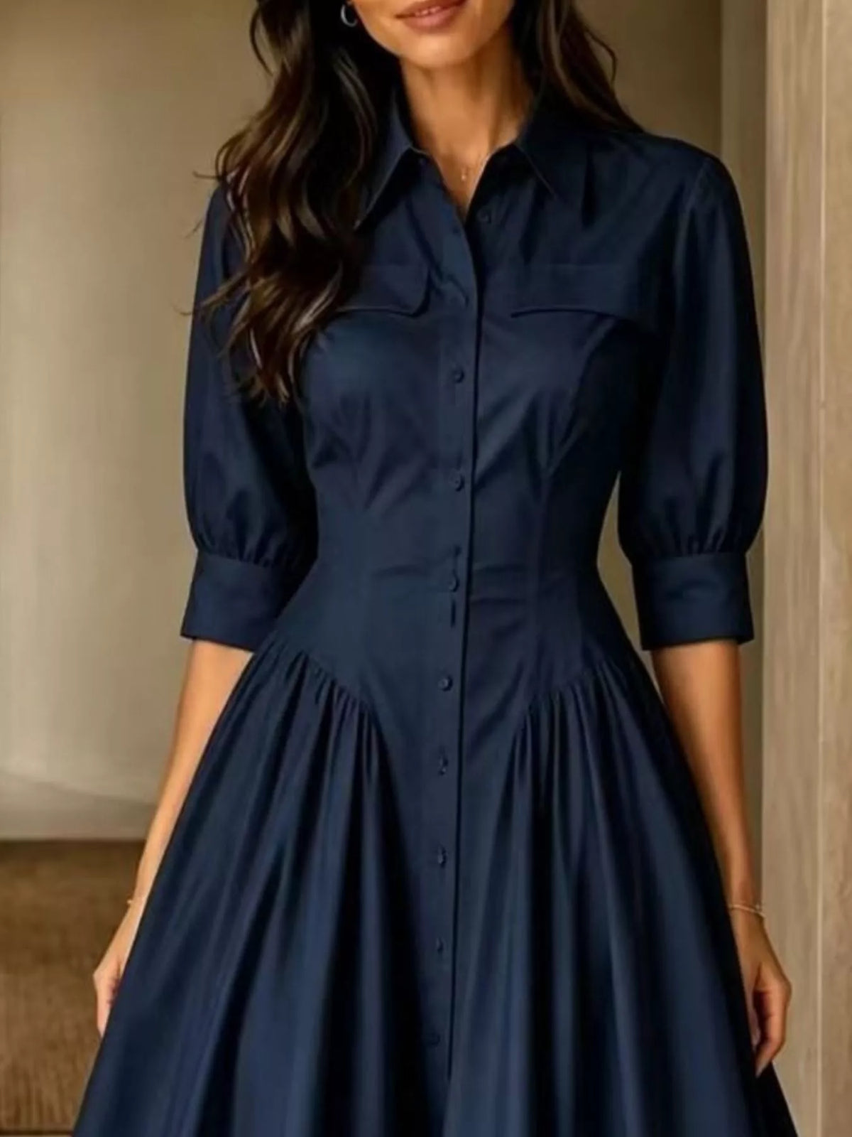 Full Size Elegant Button-Down Shirt Dress with Cinched Waist Plus Size