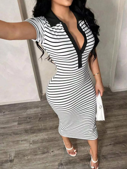 Striped Polo Collar Midi Dress
