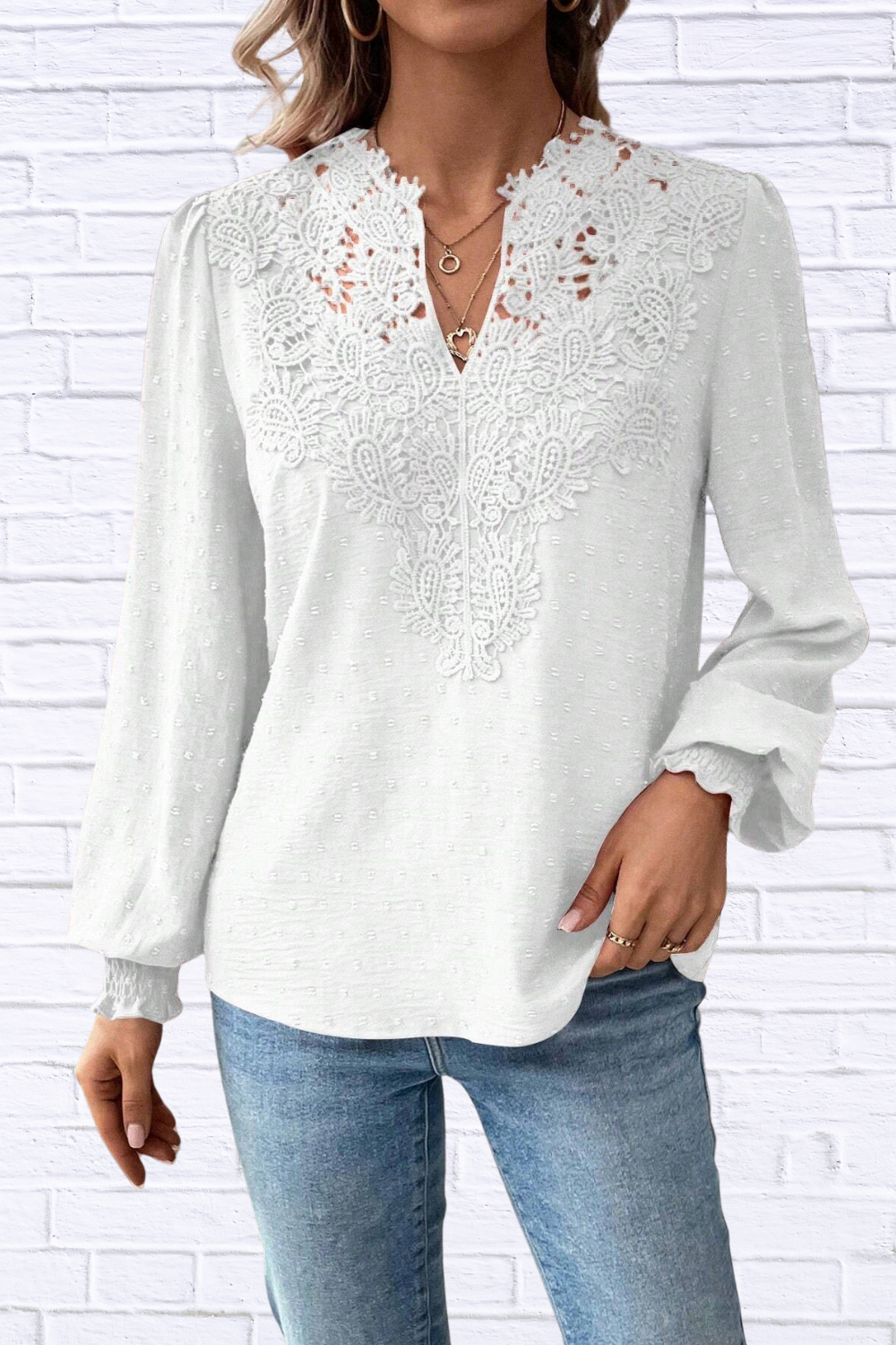 Swiss Dot Lace Detail Long Sleeve Blouse White