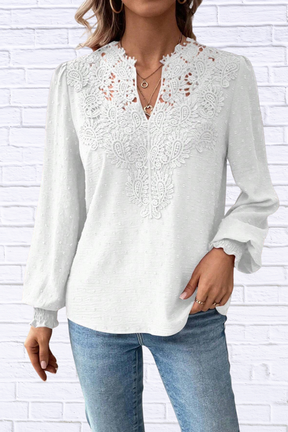 Swiss Dot Lace Detail Long Sleeve Blouse White