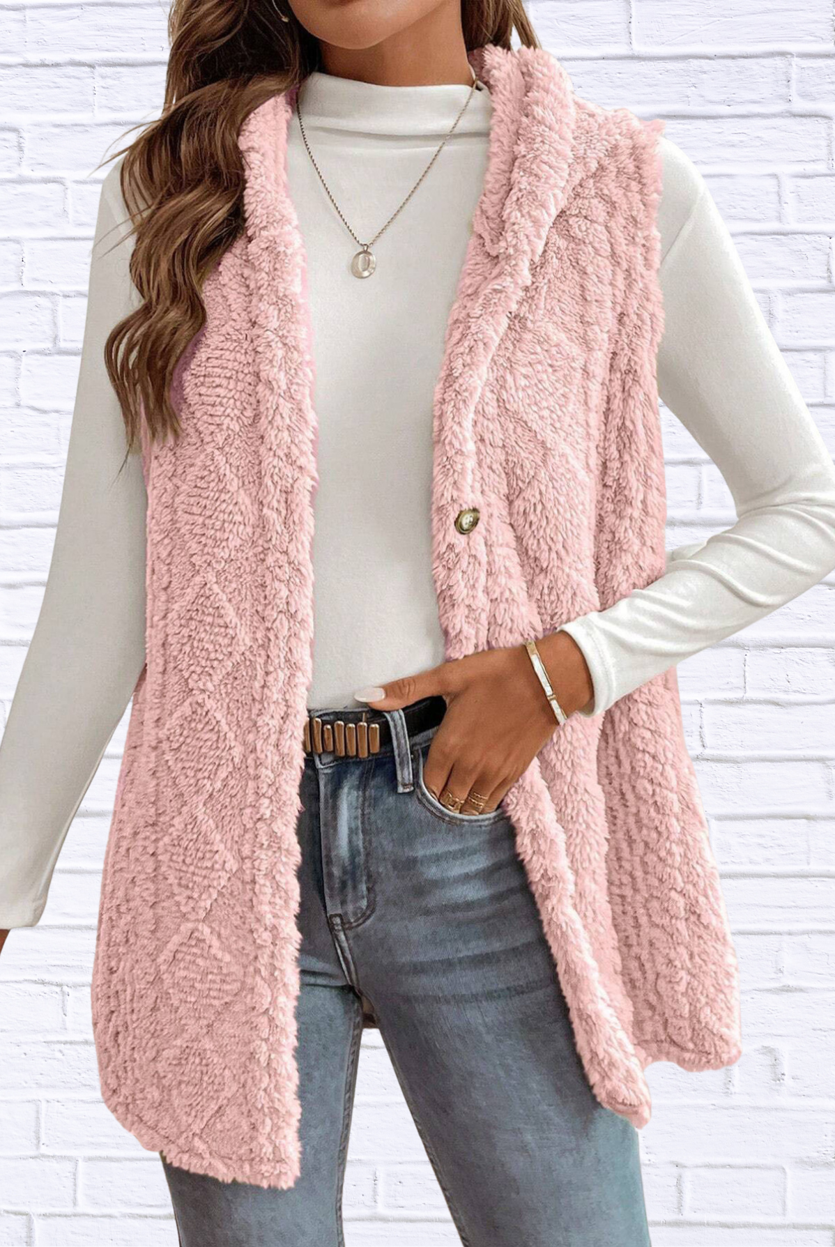 Cozy Sherpa Fleece Hooded Vest Coat Pink
