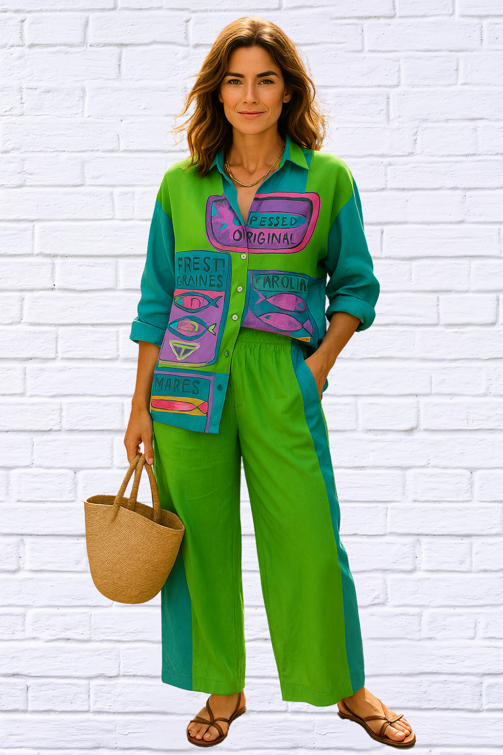 Fun, Bold, Eye-Catching Long Sleeved Elastic Waist Pants Set – Lime Green and Turquoise Extra Extra Large