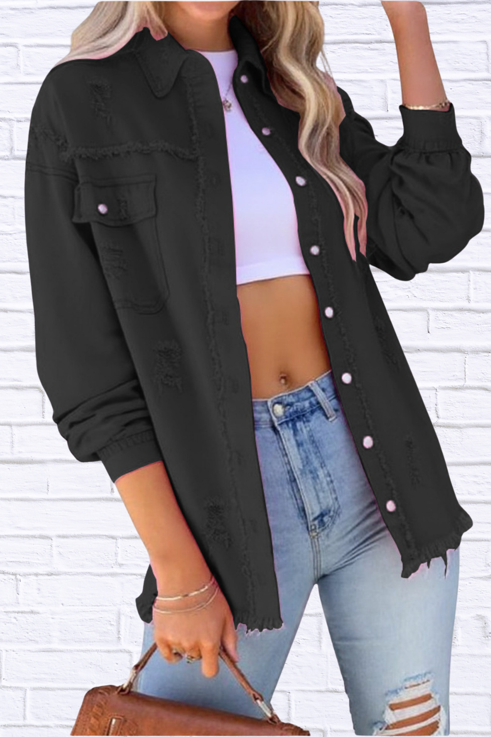 Distressed Denim Jacket with Frayed Edges