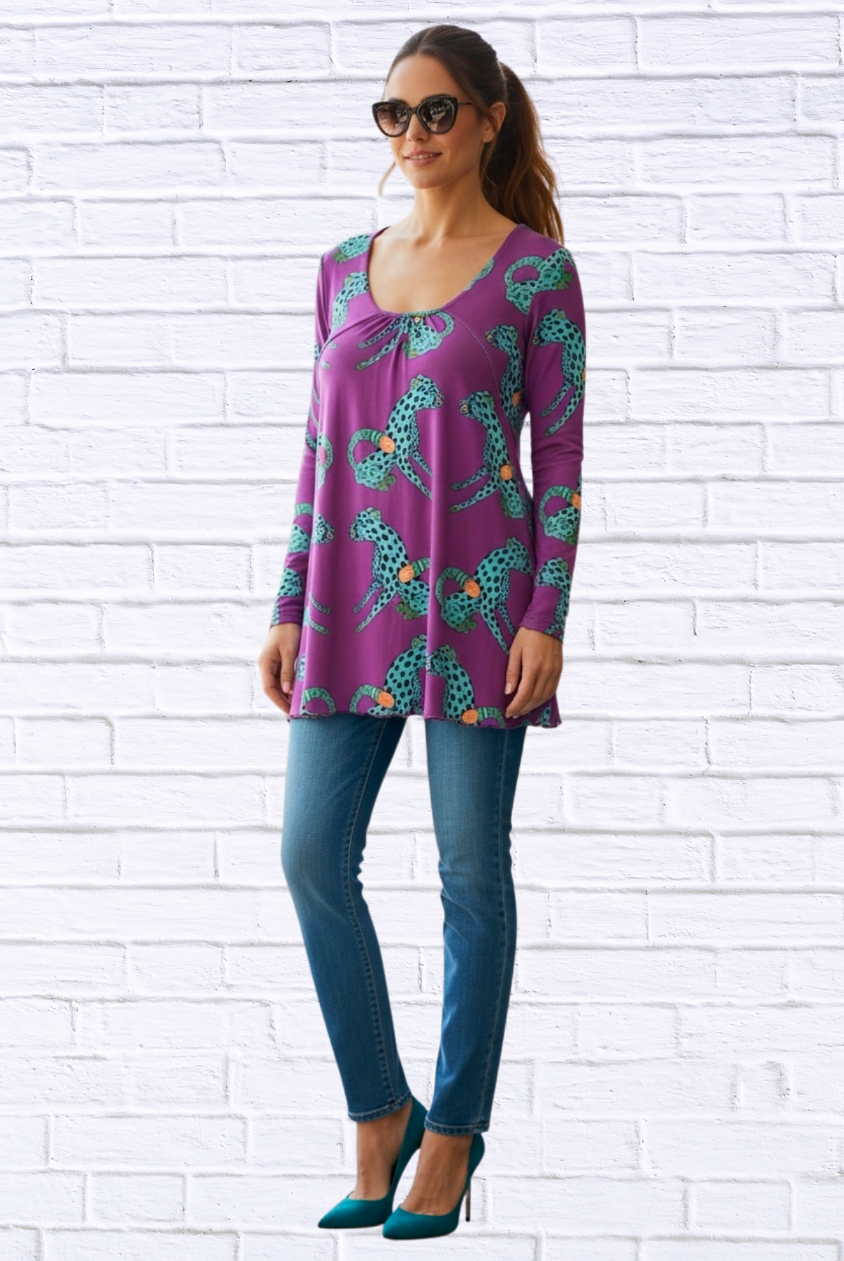 Sibella Pleated Front Long Sleeve Blouse Magenta Cheetah