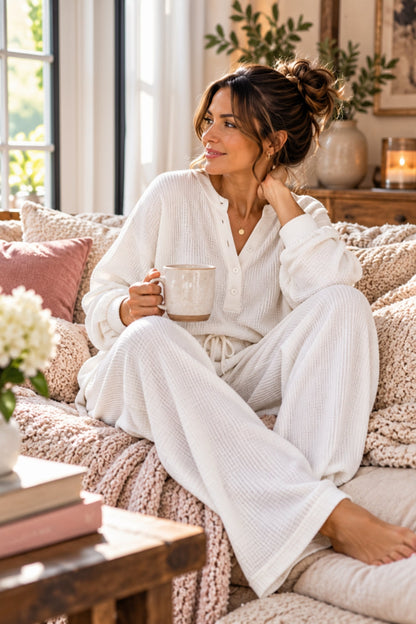 Women’s Waffle Knit Two-Piece Pants Set – Button-Front Top & Wide-Leg Pants