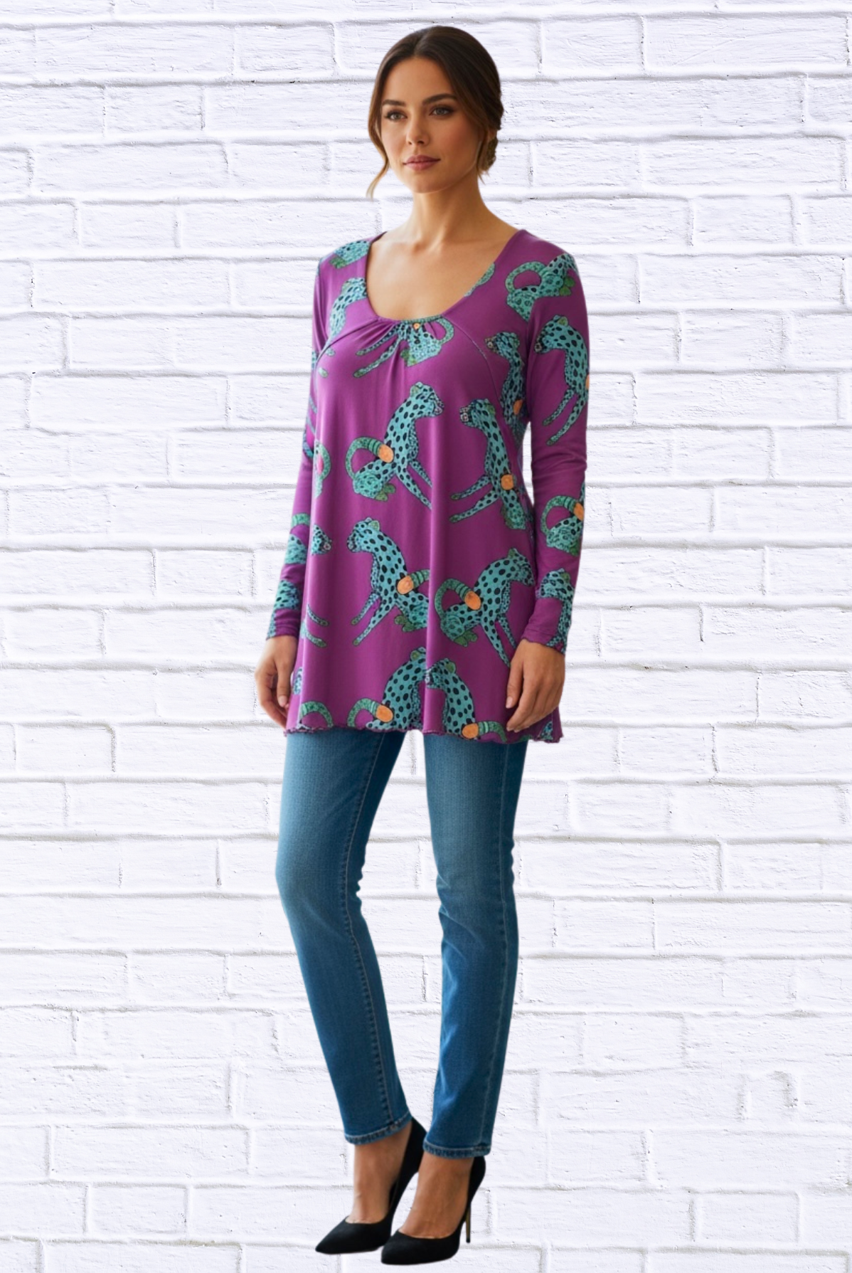 Sibella Pleated Front Long Sleeve Blouse Magenta Cheetah