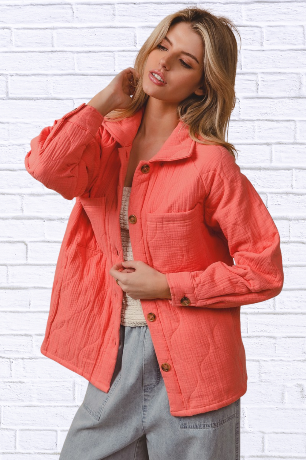 BiBi Quilted Wrinkle Gauze Long Sleeve Shacket CORAL S