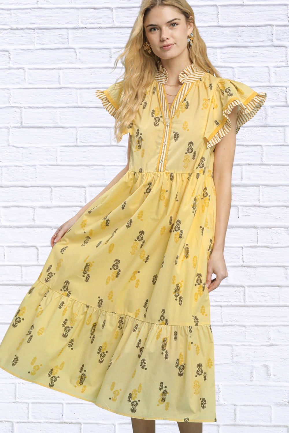 Umgee Floral Ruffle Sleeve Tiered Midi Dress