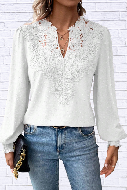 Swiss Dot Lace Detail Long Sleeve Blouse White M