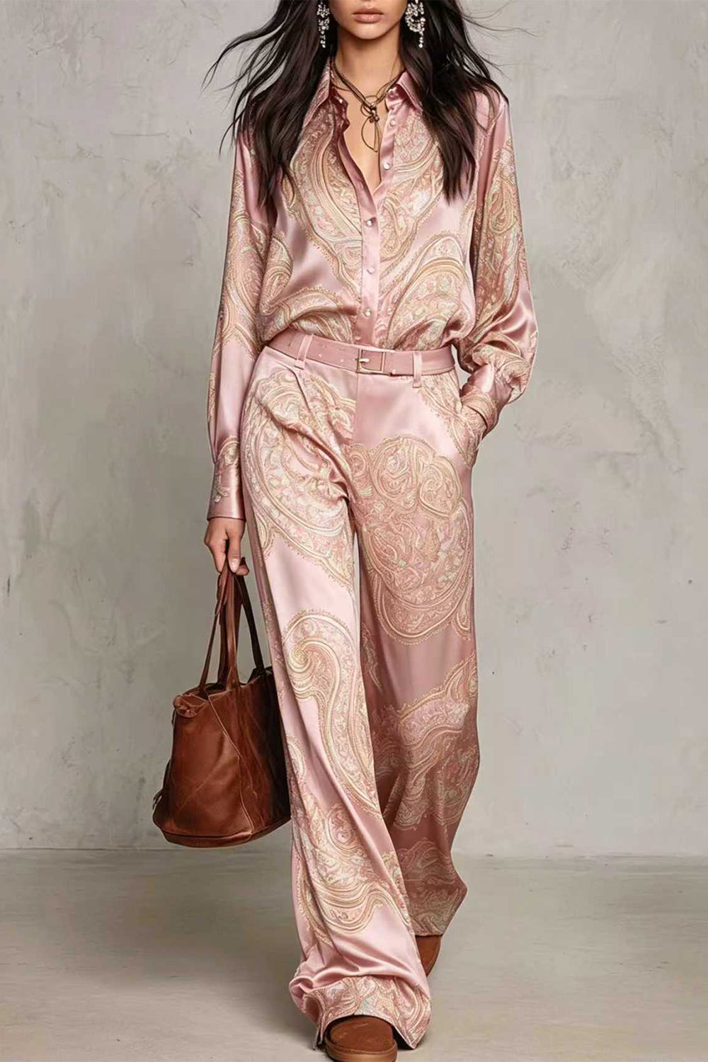 Lapel Long Sleeves Shirt High Rise Pocketed Straight Leg Pants Paisley Print Set (B)