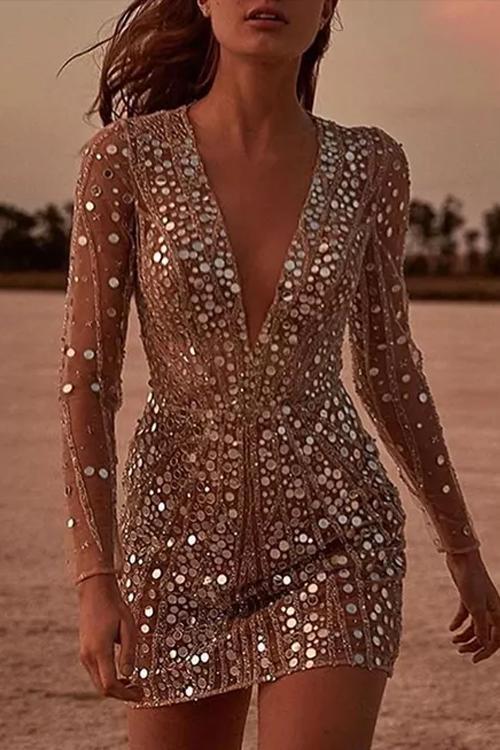 Clidress Sequin Deep V Neck Party Queen Dress