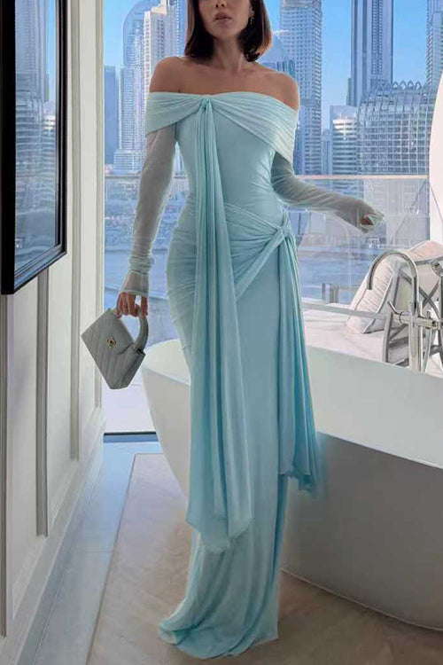 Off Shoulder Long Sleeves Knot Waist Draped Maxi Dress