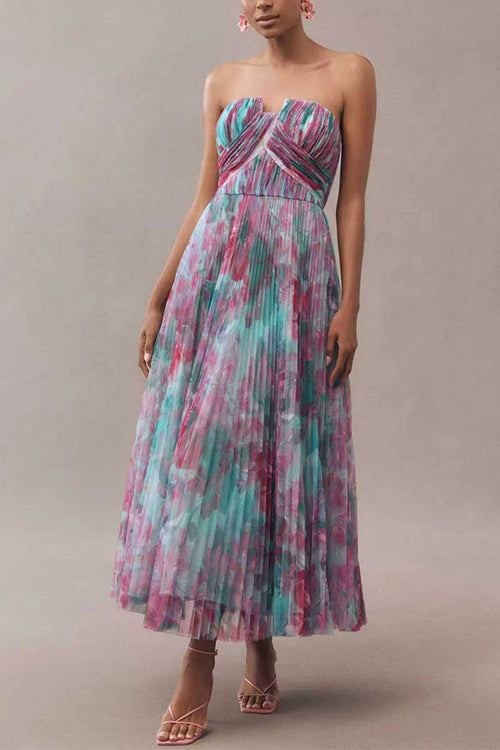 Strapless Floral Print Pleated Swing Maxi Dress