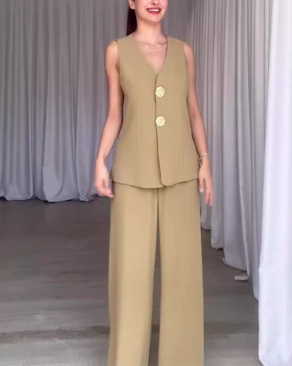 Clidress Big Gold Button Vest & City Pants 2 Pieces Set Suit(12 Colors)