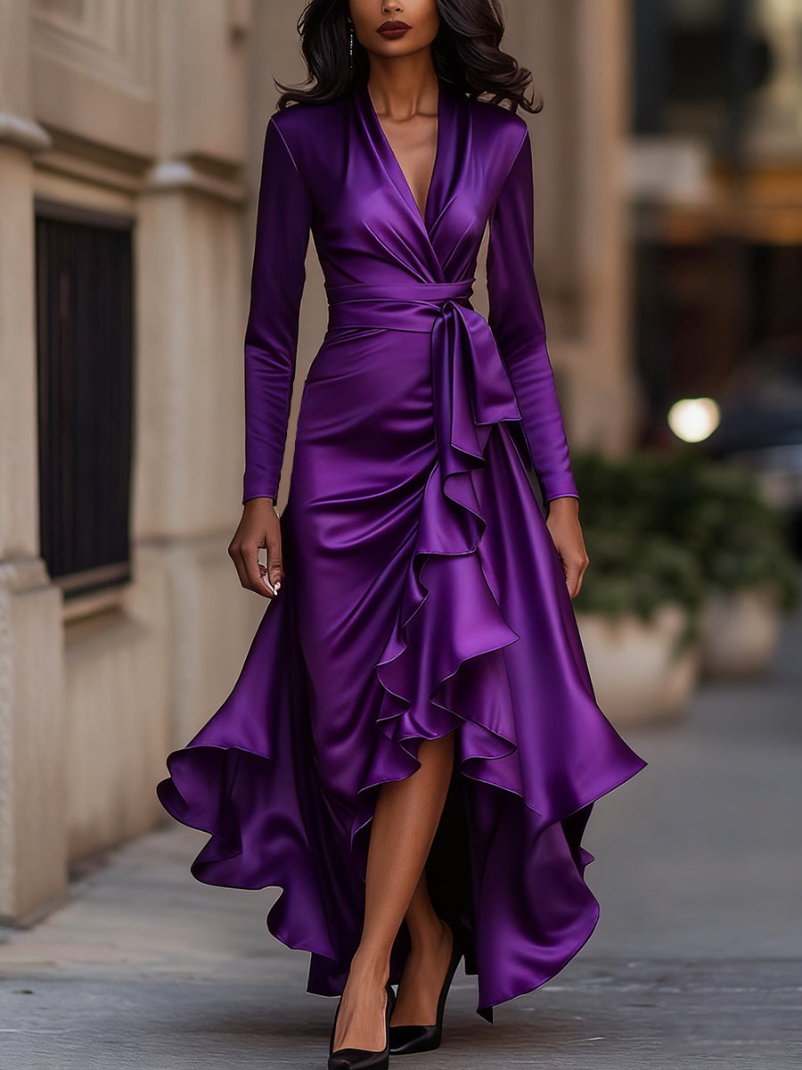 Midnight Blue Draped Satin Maxi Dress With Ruffle Details Purple