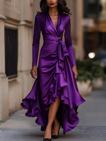 Midnight Blue Draped Satin Maxi Dress With Ruffle Details Purple