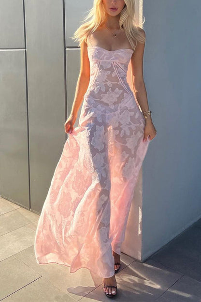 Spaghetti Strap Back Lace-up Applique Flower Maxi Swing Dress