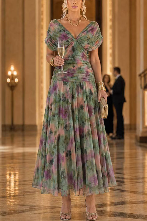V Neck Short Sleeves Floral Print Maxi Dress