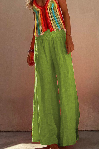 Smocked Elastic Waist Baggy Wide Leg Cotton Linen Pants Green