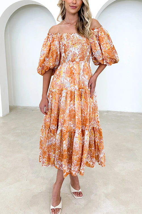 Off Shoulder Puff Sleeves Tiered Printed Midi Holiday Dress Orange