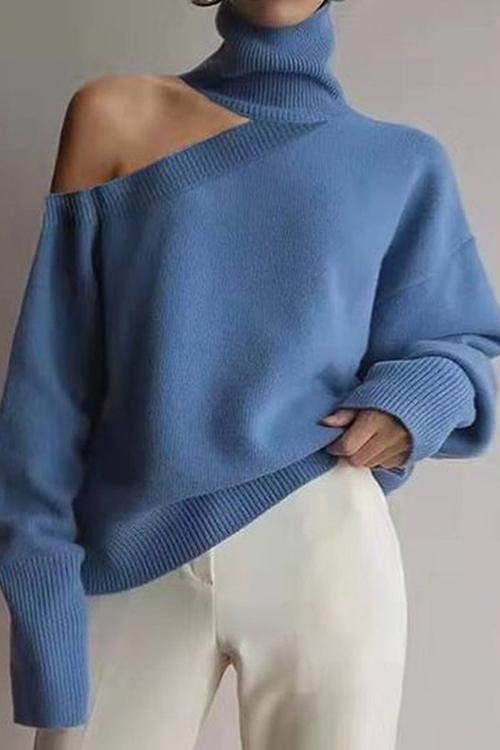 Turtleneck Cold Shoulder Solid Loose Sweater Blue