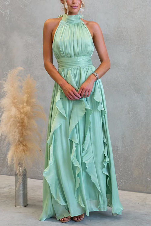 Halter Neck Waisted Ruffle Maxi Dress