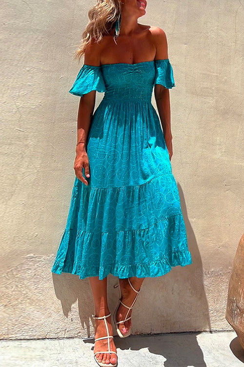 Printed Off Shoulder Smocked High Waist Ruffle Swing Dress Blue